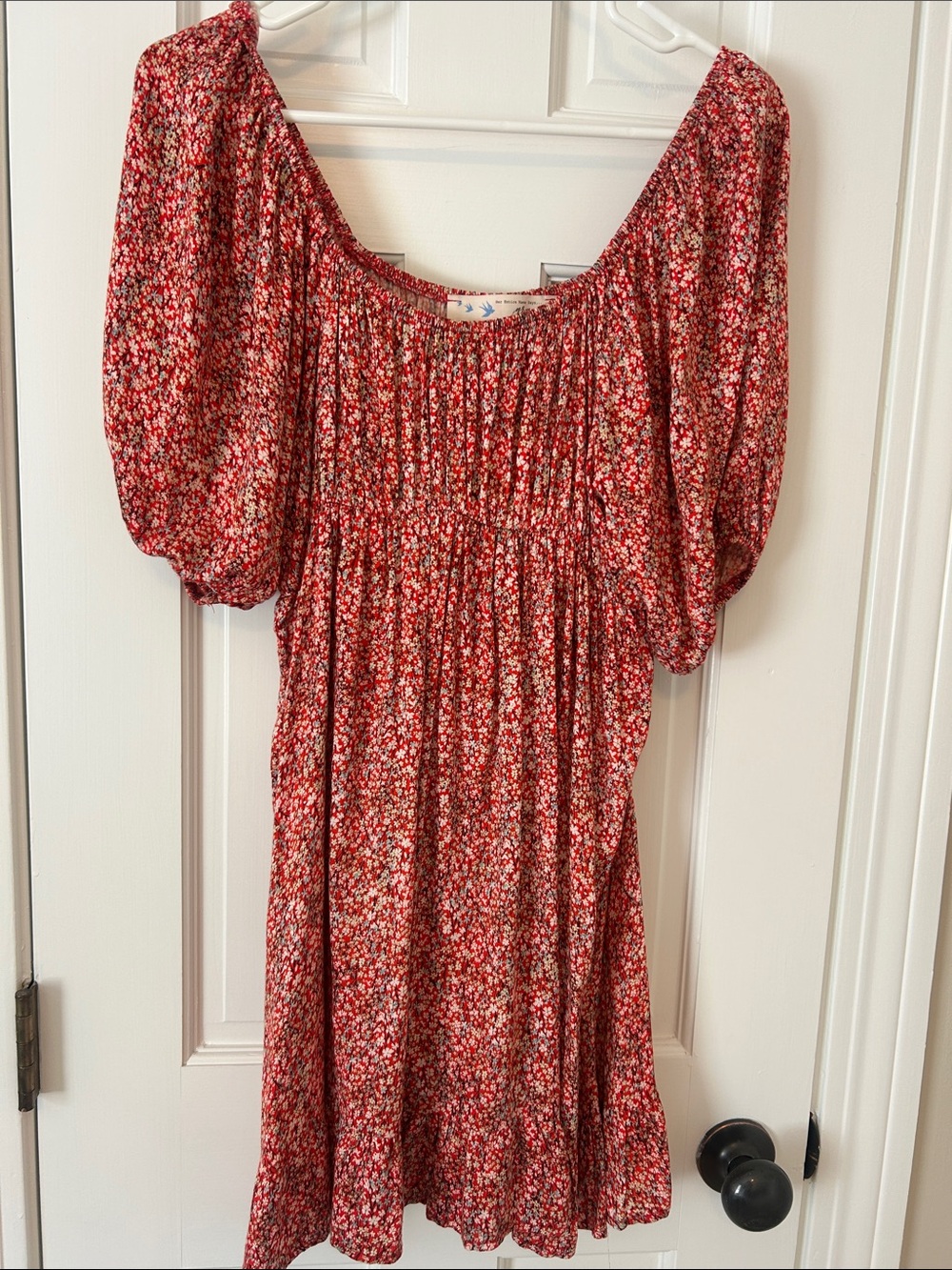 Smocked Red Floral Mini Dress with Puff Sleeves